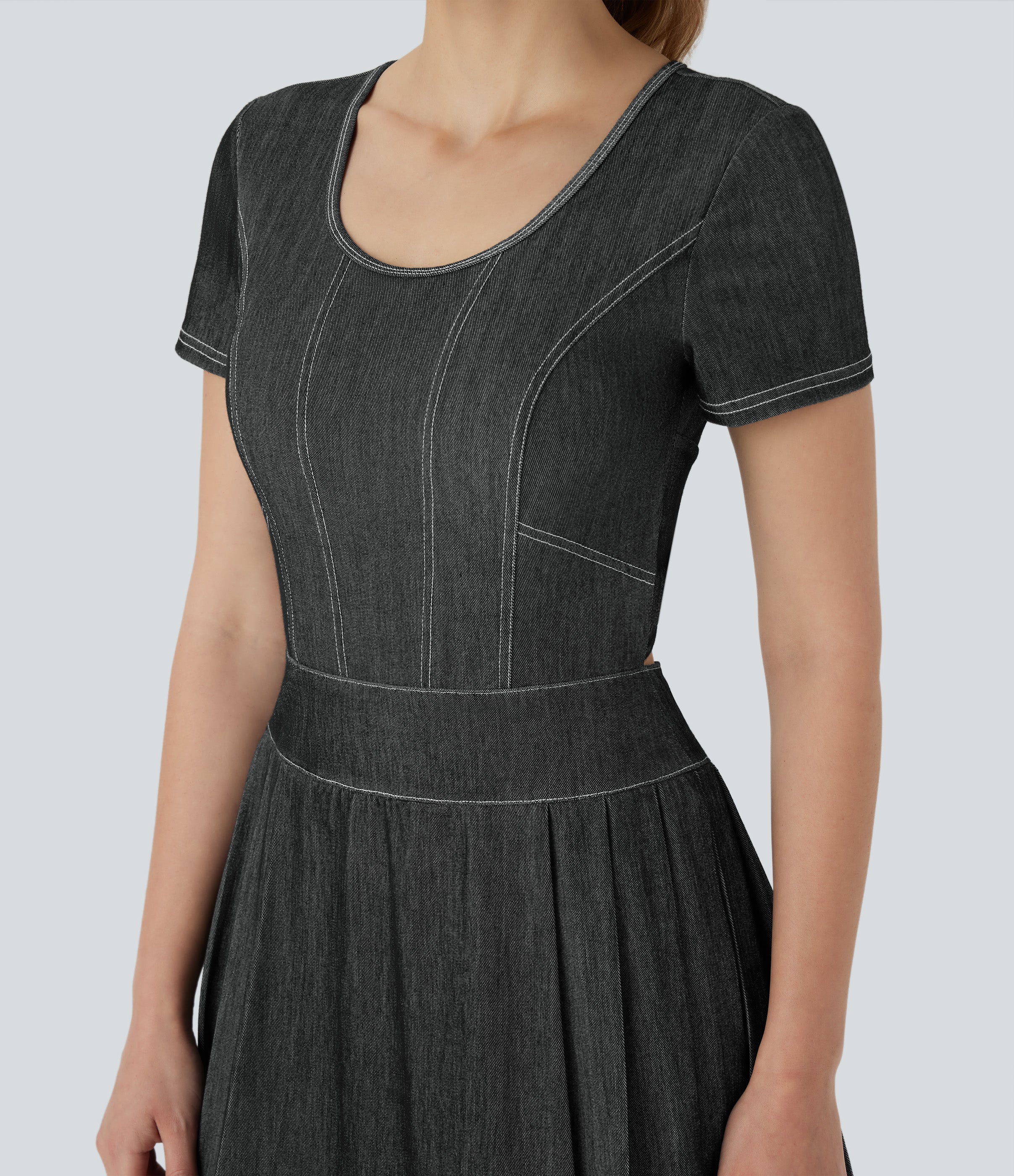 FlexTM Pleated Hem 2-in-1 Cool Touch Washed Denim Tennis Active Dress with Pockets