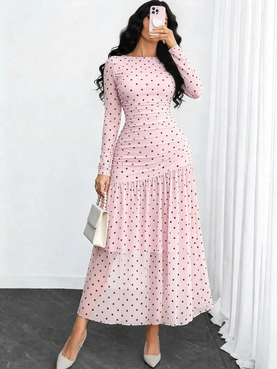 Women's Gothic Sexy Elegant Modern Contrast Stripe Asymmetrical Ruffle Waist Double-Layer Mesh Long Sleeve Dress, Suitable For Dates, Vacations And Daily Commute Spring