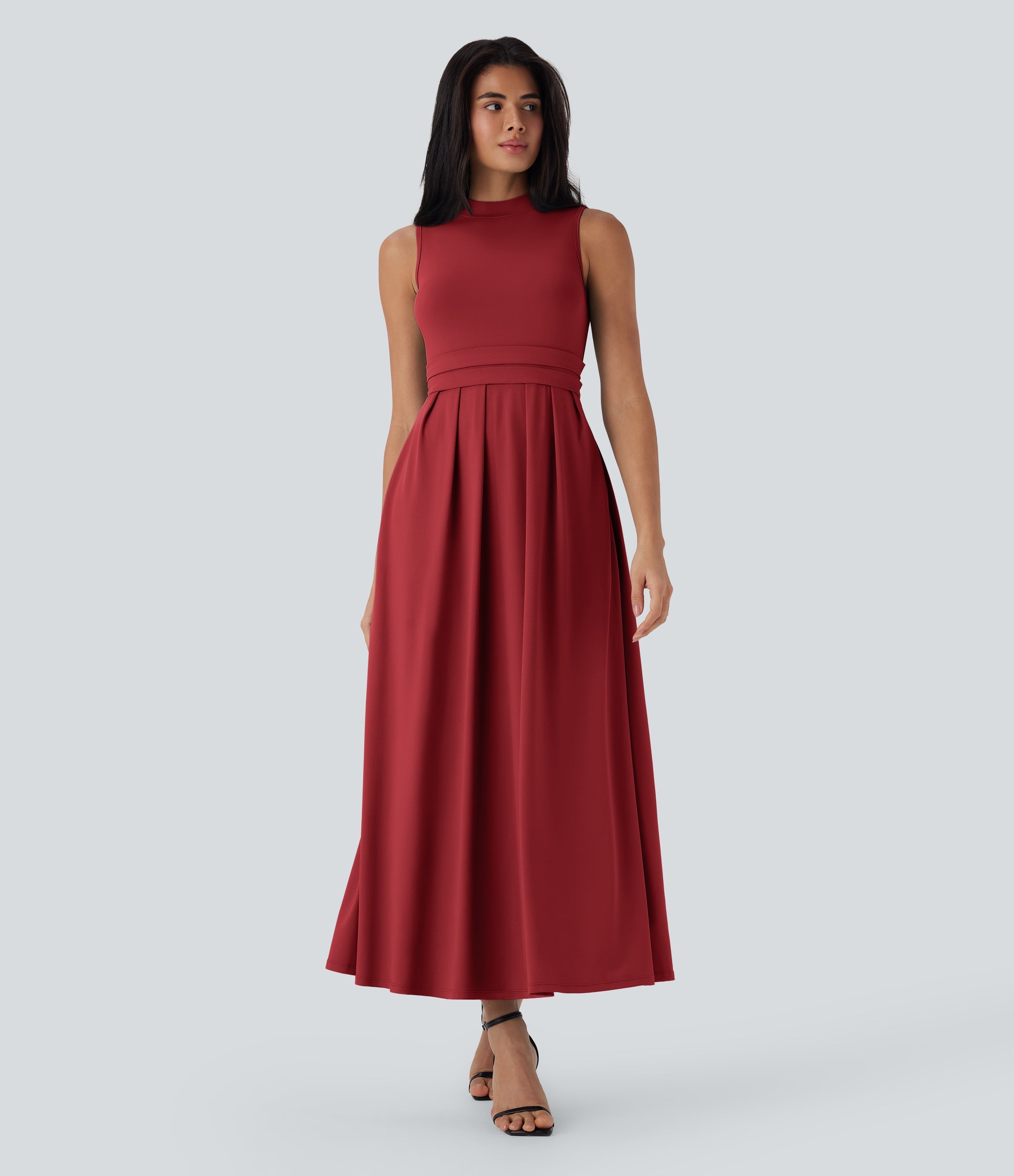 Stand Collar Sleeveless Flare Maxi Casual Dress with Pockets