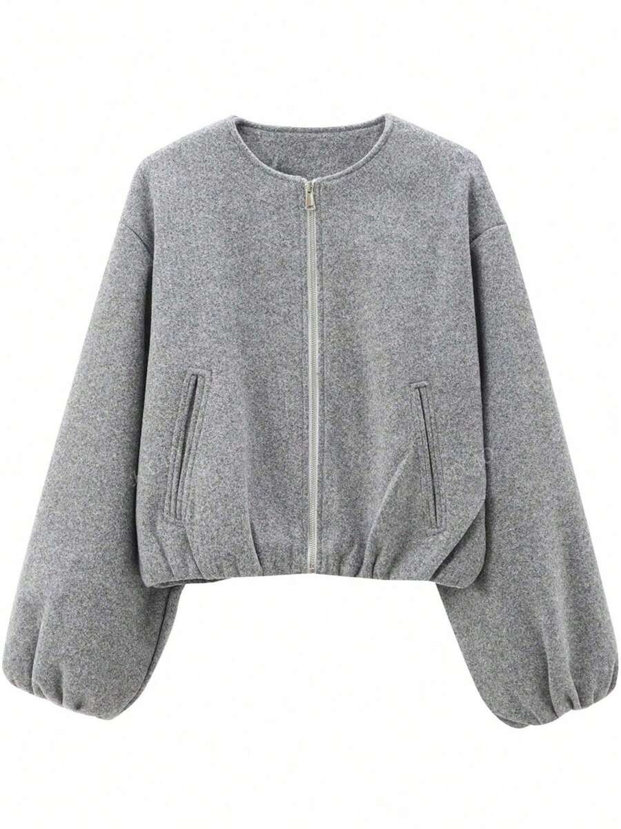 Women's Baseball Jacket Bomber Jacket Street Style Round Neck Drop Shoulder Lantern Sleeve Zip-Up Outerwear, Autumn/Winter Spring