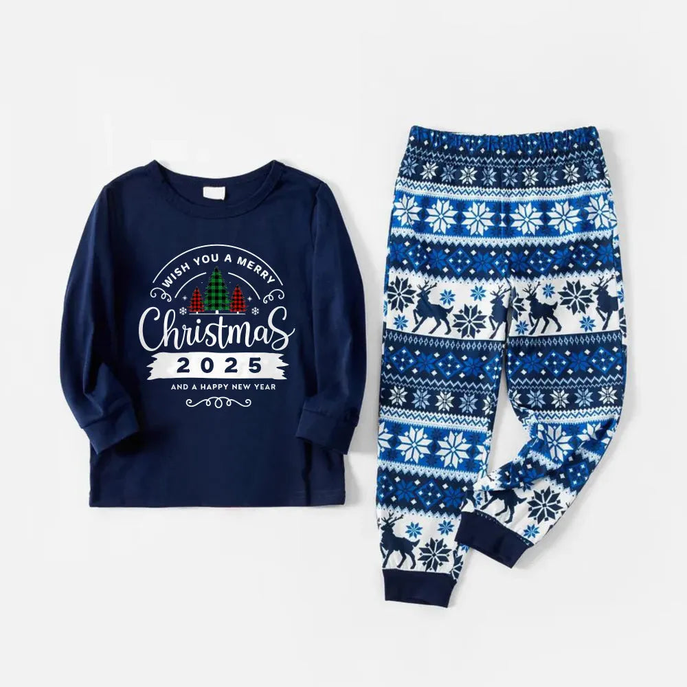 Joyful Blue Christmas Pajamas Set With With "Wish You A Merry Christmas 2025 and Happy New Year" Print