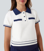 Polo Button Front Short Sleeve Casual Sweater Knit Top