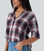 V Neck Curved Hem Plaid Casual Blouse