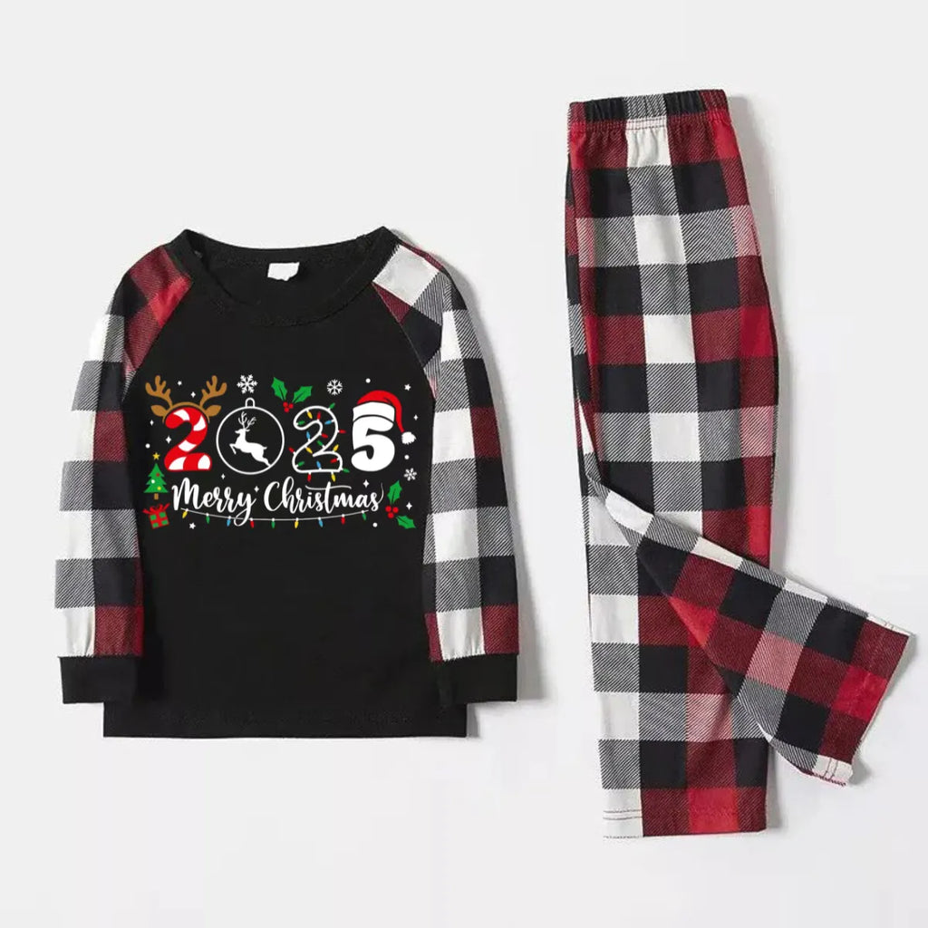 "2025 Merry Christmas" Text Snowflake Printed Pattern - Black Top with Red&Black&White Plaid Sleeves - Family Matching Pajamas