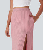 High Waisted Stripe Maxi Linen-Feel Skirt with Pockets