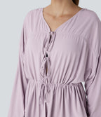 Long Sleeve Lace Up Drawstring Work Blouse
