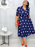 Elegant Chic Women's Midi Dress with Belt, Polka Dot Pattern, Short Sleeve