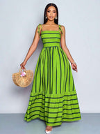 Women's Blue And White Stripe Flowing Maxi Dress,Summer Elegant Holiday Tea Party Holiday,Shoulder Straps Chest Gathering,Beach Casual Gown