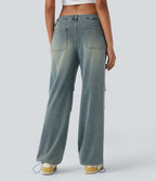 FlexTM Low Rise Adjustable Drawcord Stretchy Knit Casual Parachute Jeans with Multiple Pockets