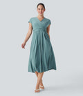 BreezefulTM V Neck Short Sleeve Pocket Tie Back Quick Dry Midi Casual Dress