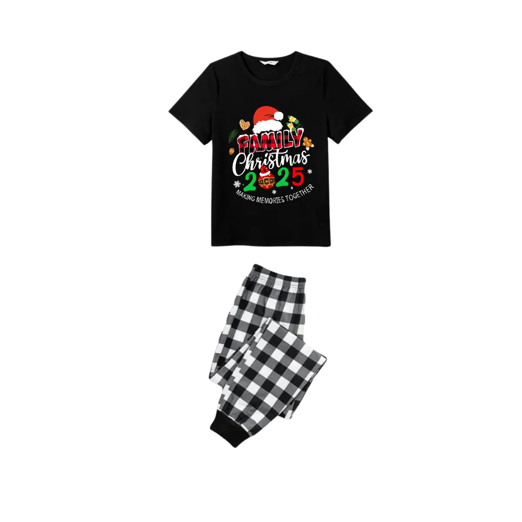 Making Memories Together Family Christmas 2025 Pajamas Set - Black Top Black and White Plaid Pants Santa Hat Graphic