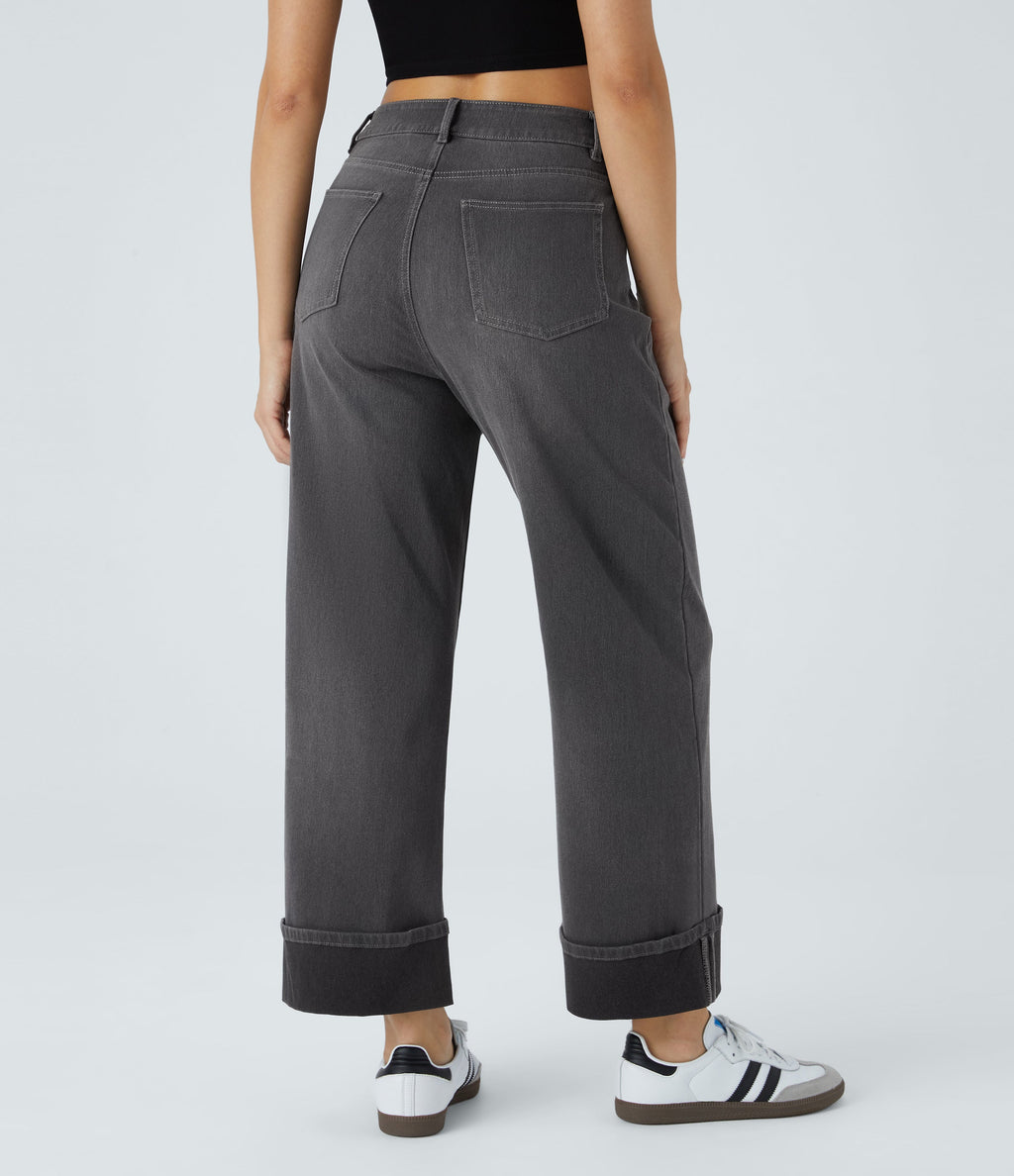 FlexTM High Waisted Multiple Pockets Rolled Hem Wide Leg Washed Stretchy Knit Casual Jeans