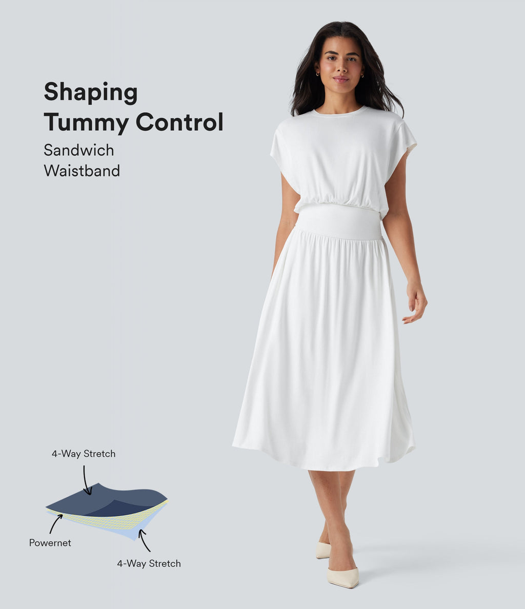 SoCinched Tummy Control Batwing Sleeve Flowy Midi Work Dress with Pockets