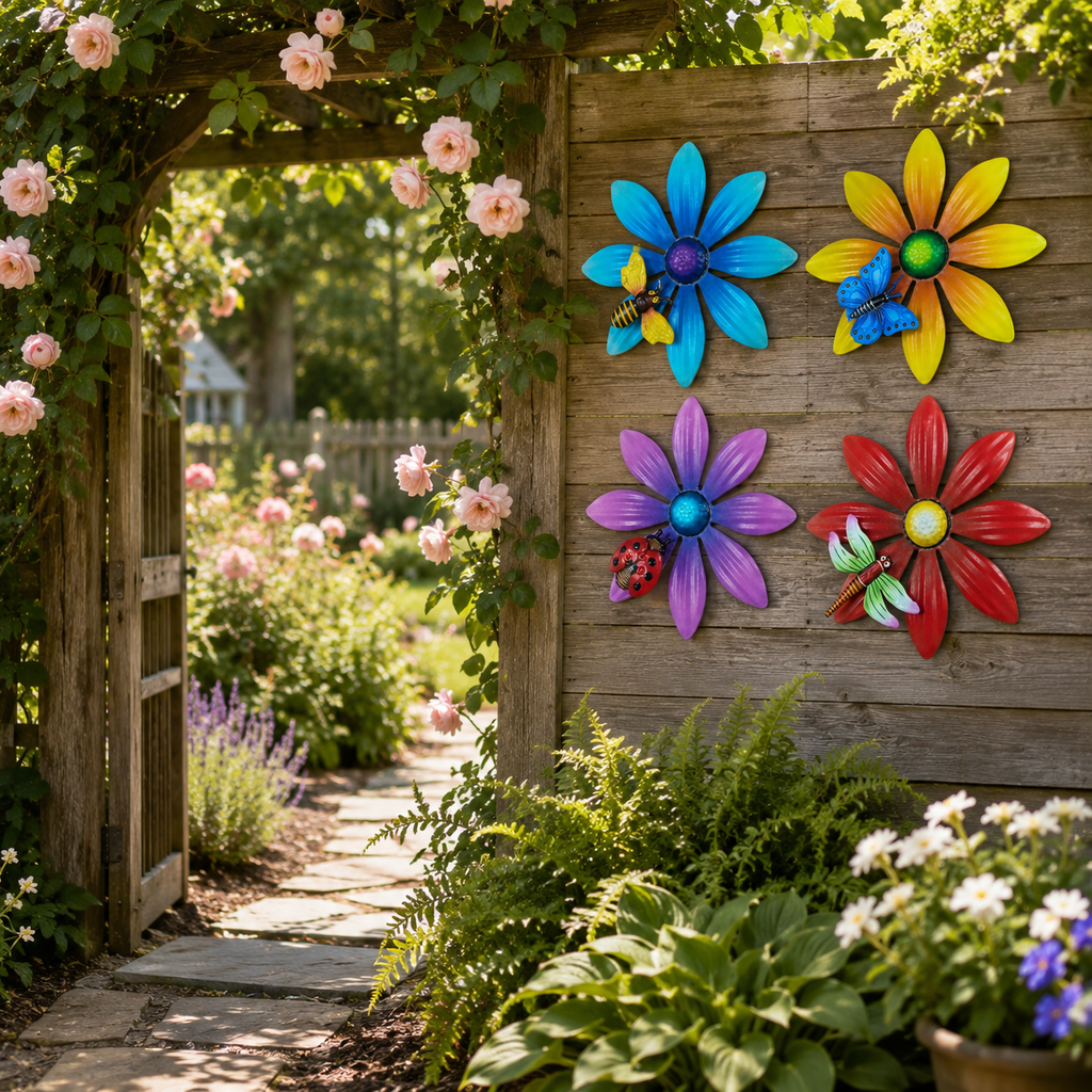 4-Piece Metal Flower Wall Decor Set – Colorful Garden Wall Art with Bee, Butterfly & Dragonfly Accents