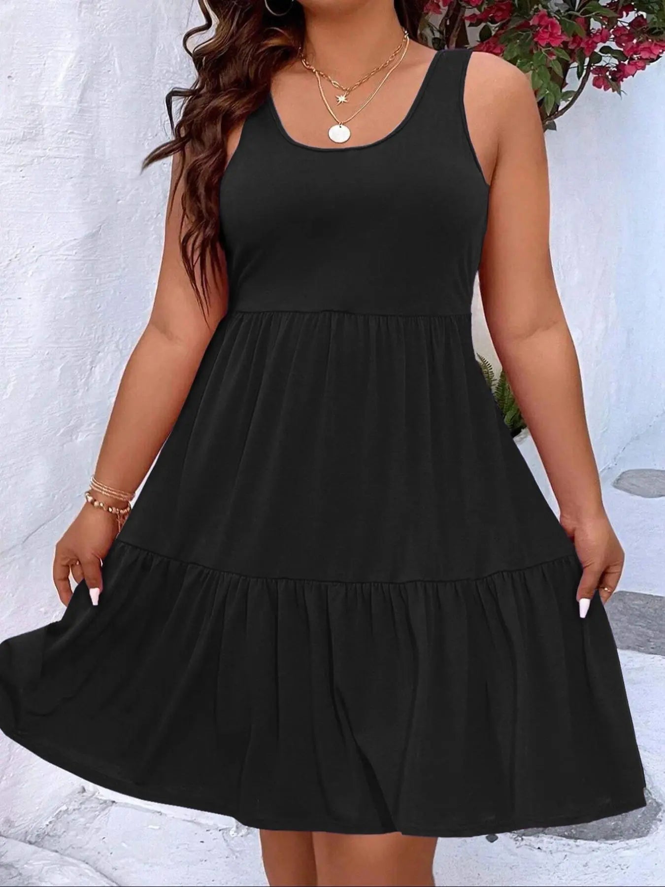 【Plus Size】 Solid Ruffle Hem Tank Dress, Casual Scoop Neck Sleeveless A Line Dress for Summer, Women's Clothing for Daily Wear
