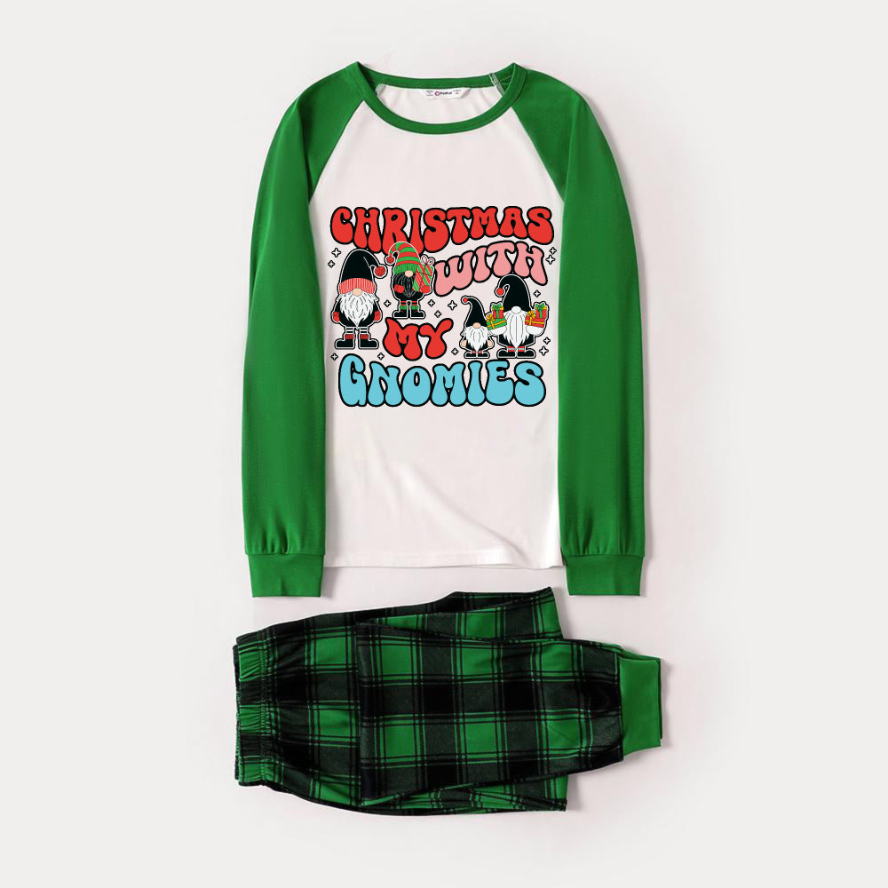 Green Raglan Top Green Plaid Christmas Pajamas Set With "CHRISTMAS WITH MY GNOMIES" Print
