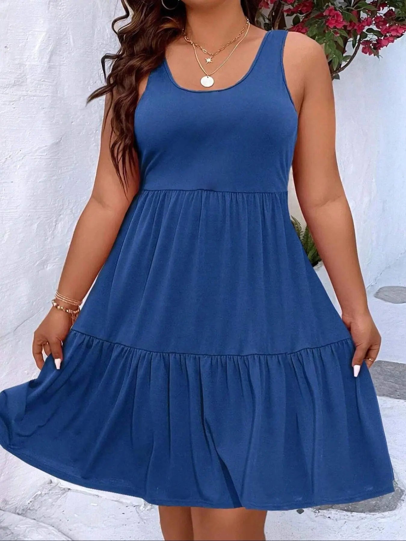 【Plus Size】 Solid Ruffle Hem Tank Dress, Casual Scoop Neck Sleeveless A Line Dress for Summer, Women's Clothing for Daily Wear