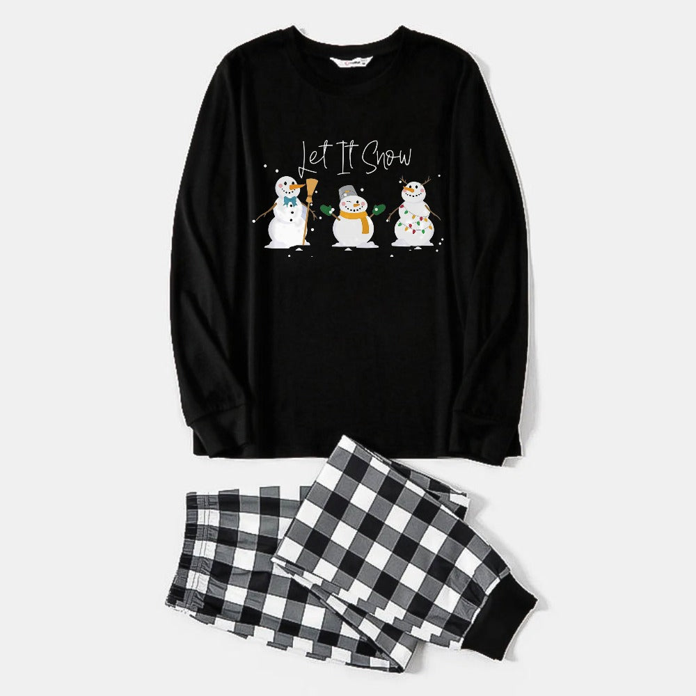 Couple Black and White Plaid Christmas Pajamas Set With Snowman and "Let It Snow" Cartoon Print