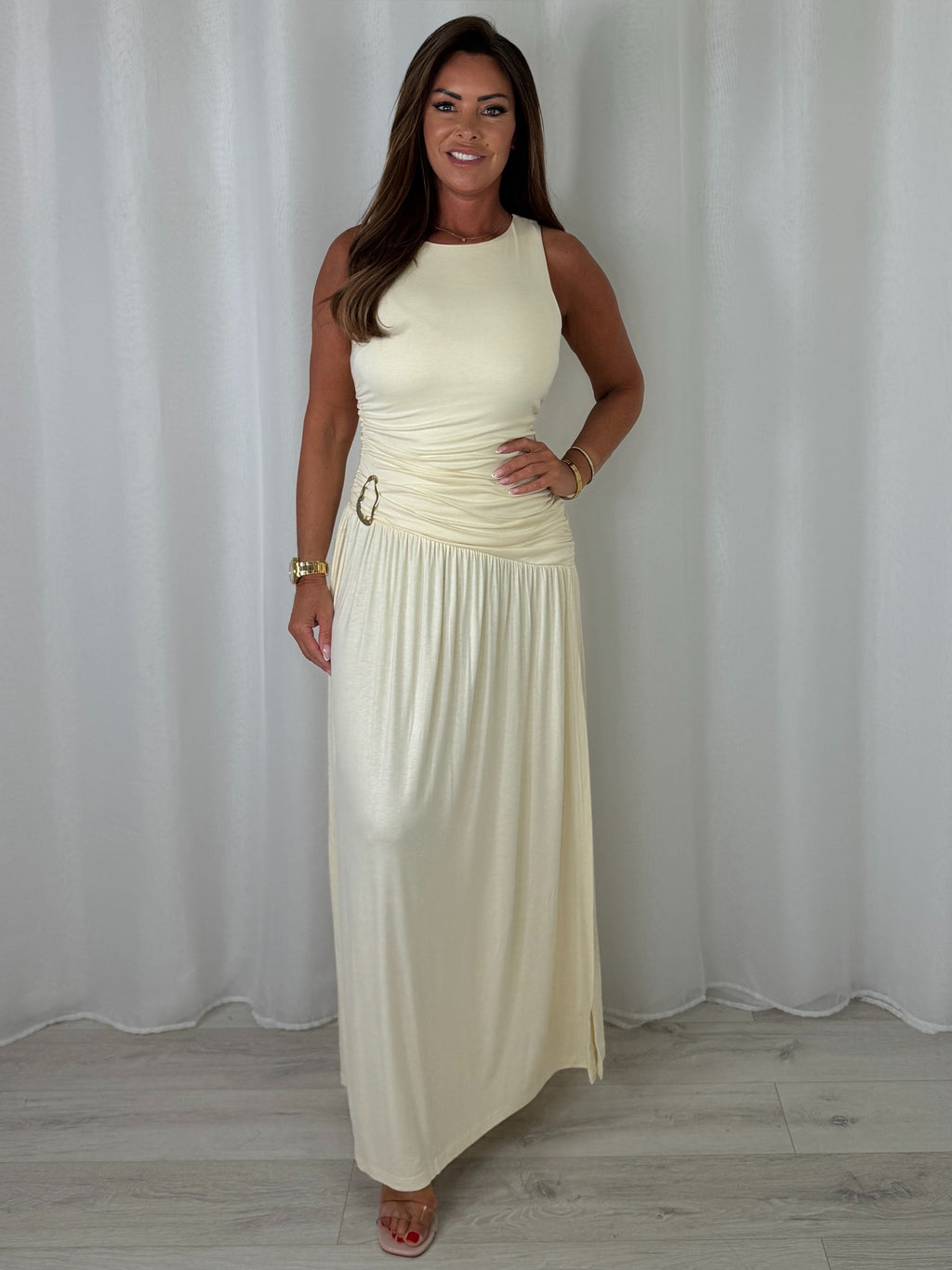 Round Neck Ruched Gold Buckle Side Split Maxi Dress (6 Colours)