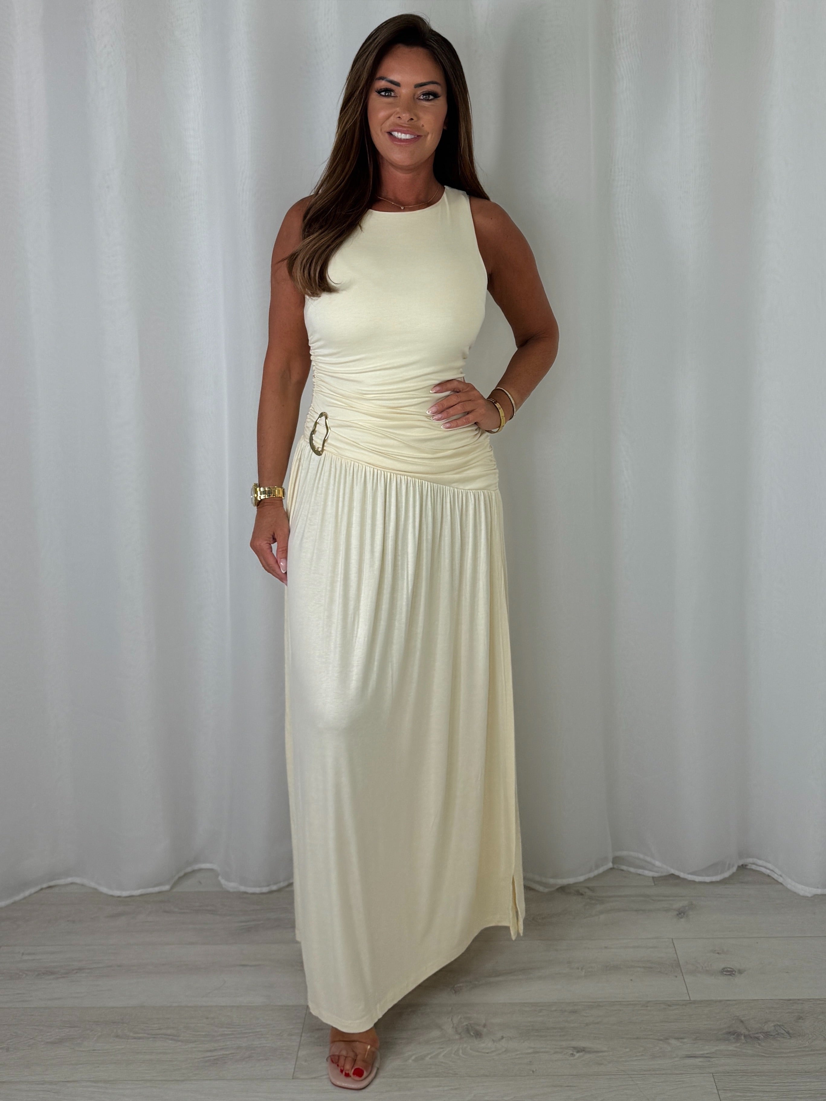 Round Neck Ruched Gold Buckle Side Split Maxi Dress (6 Colours)