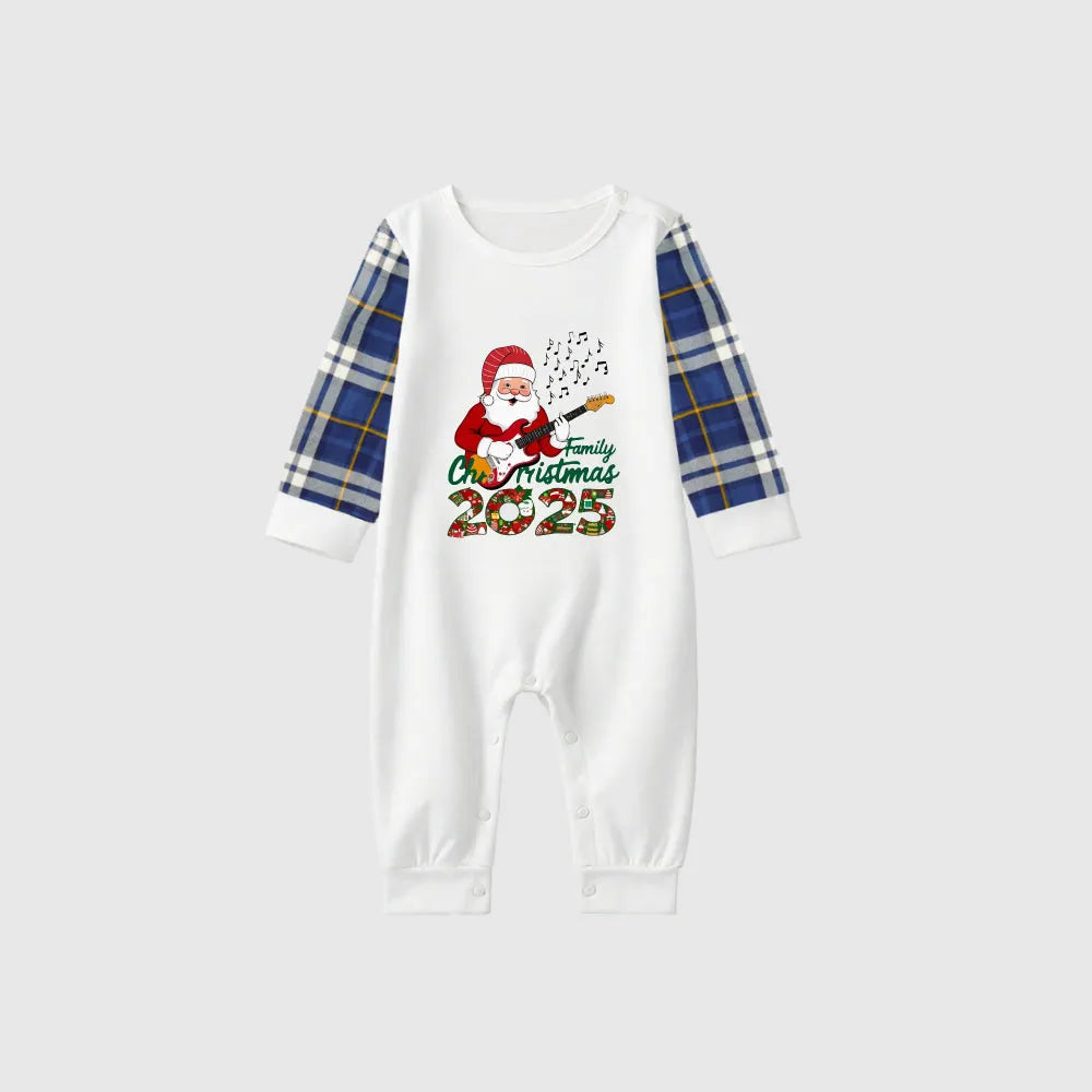 Christmas Family Matching Pajamas-Blue Raglan Top Blue Plaid Pants Pjs Set with Santa and "Family Christmas" Letter Print