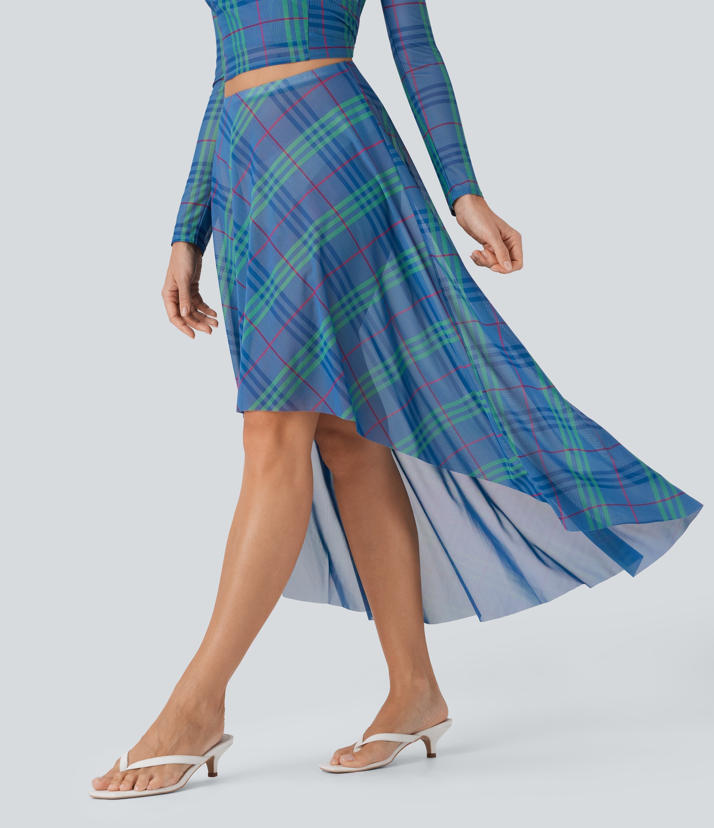 Sheer Mesh High-Waisted High-Low Plaid Maxi Flowy Skirt