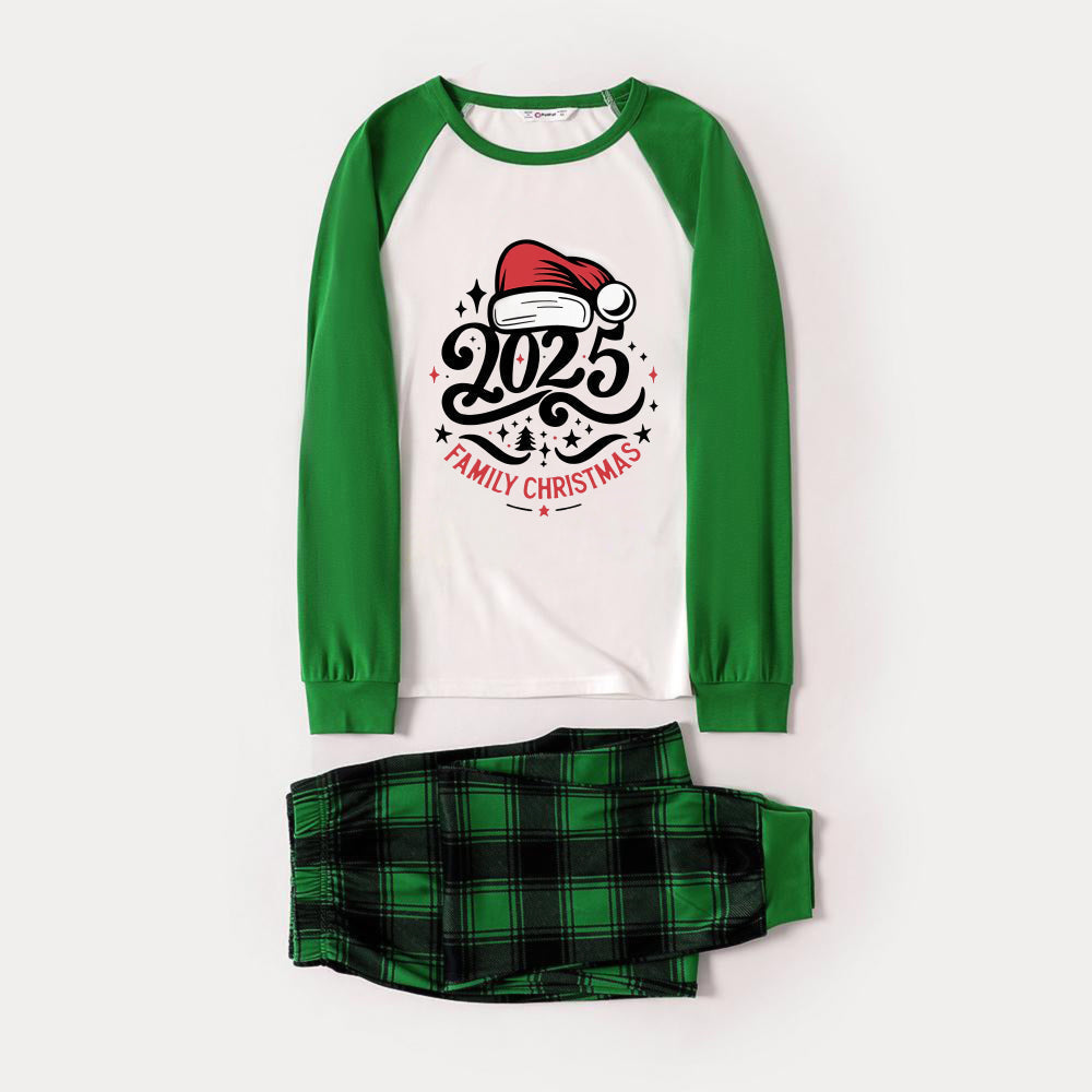 Green Raglan Top Green Plaid Christmas Pajamas Set With “2025 FAMILY CHRISTMAS” and Santa Hat Print