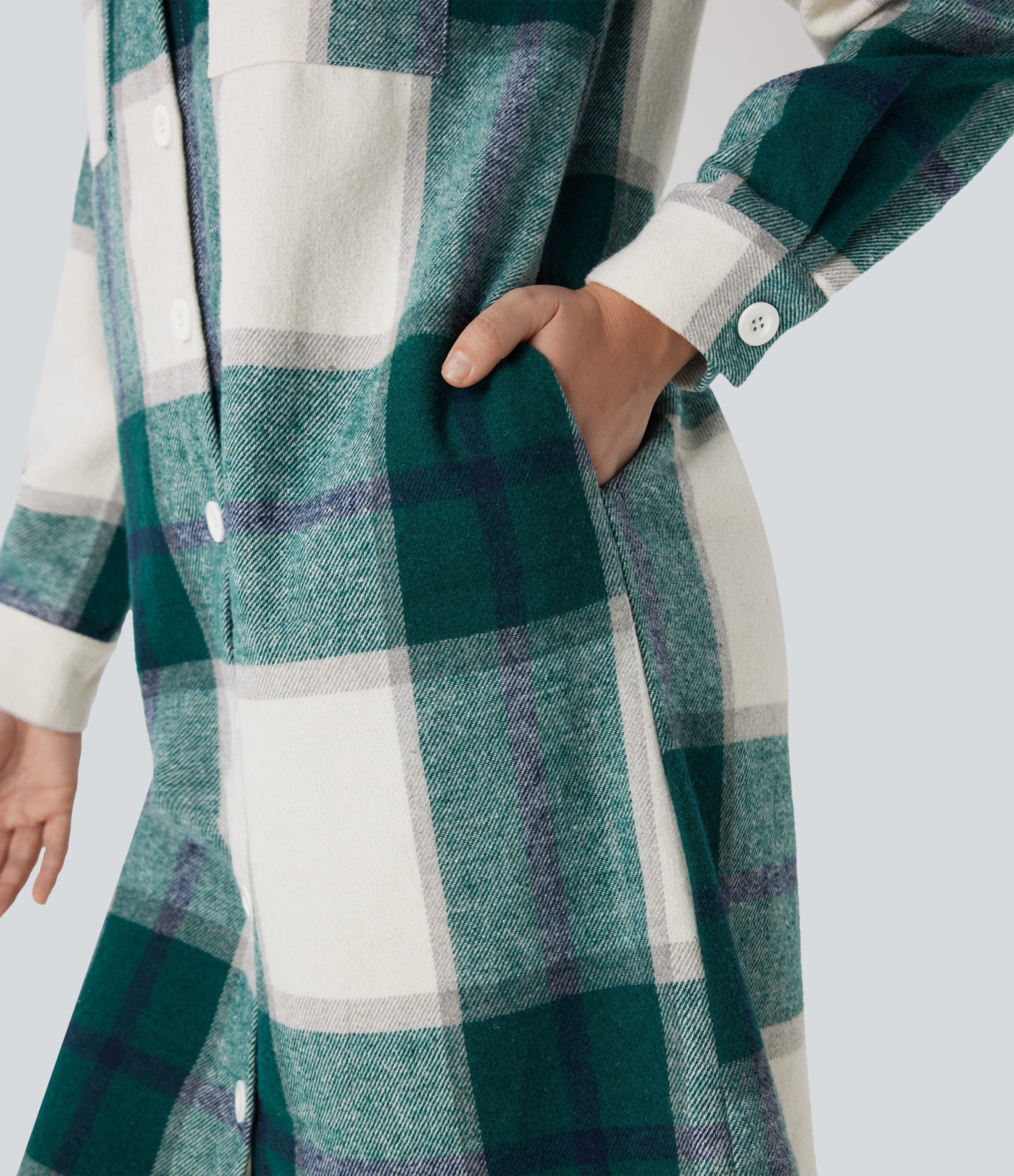 Plaid Curved Hem Longline Casual Jacket with Pockets