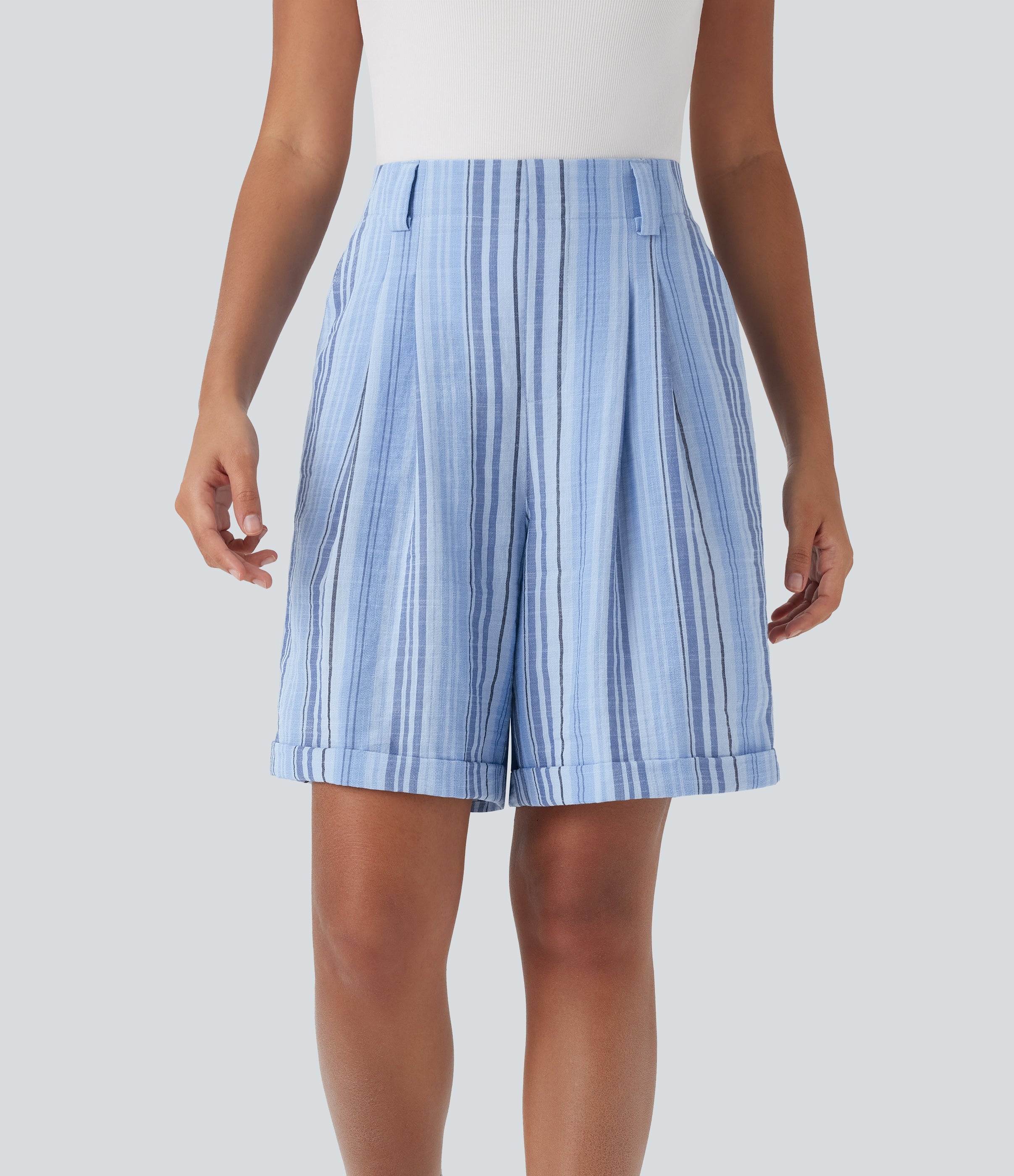 High Waisted Stripe Work Linen-Feel Bermuda Shorts with Pockets