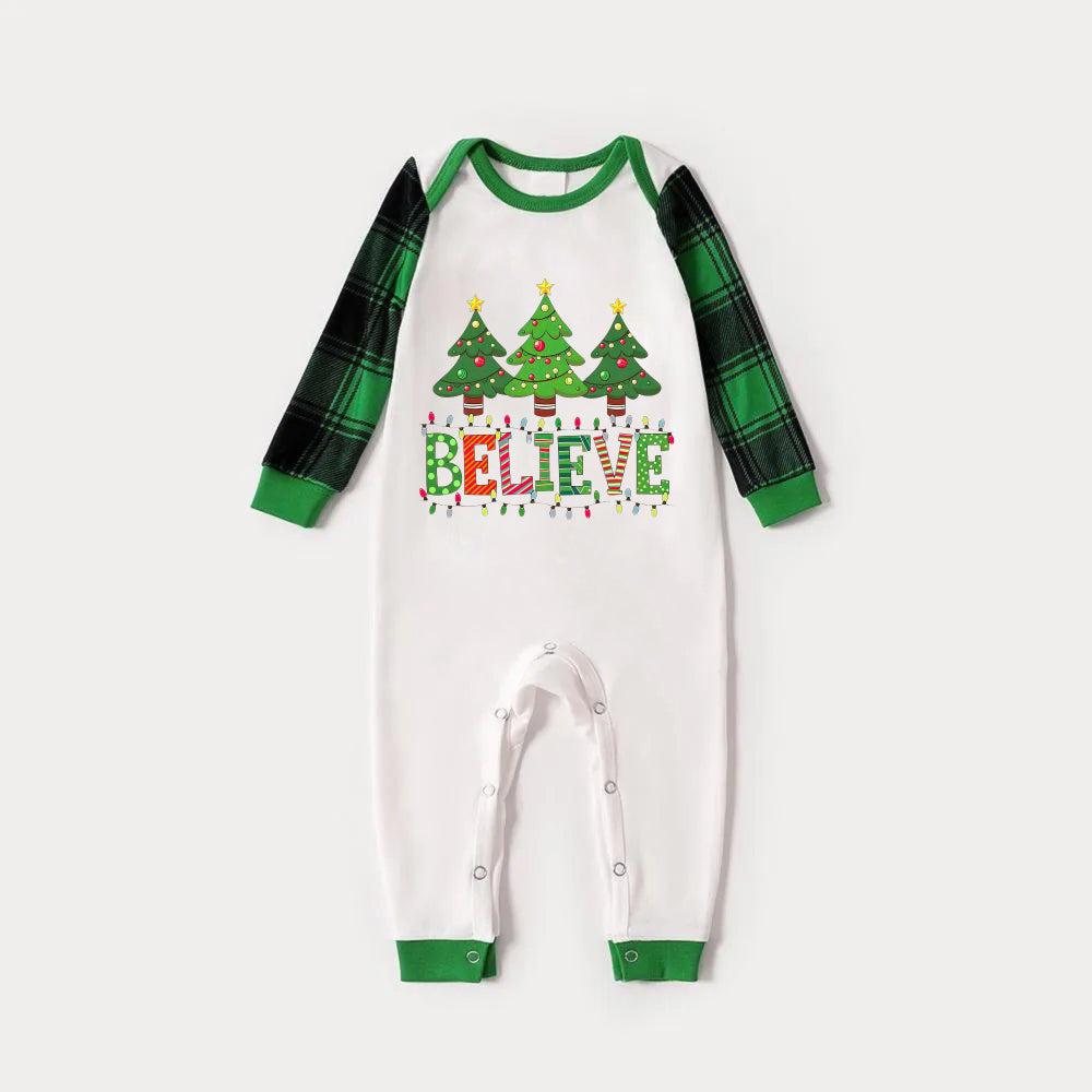 Green Raglan Top Green Plaid Christmas Pajamas Set With "BELIEVE" and Christmas Tree Print
