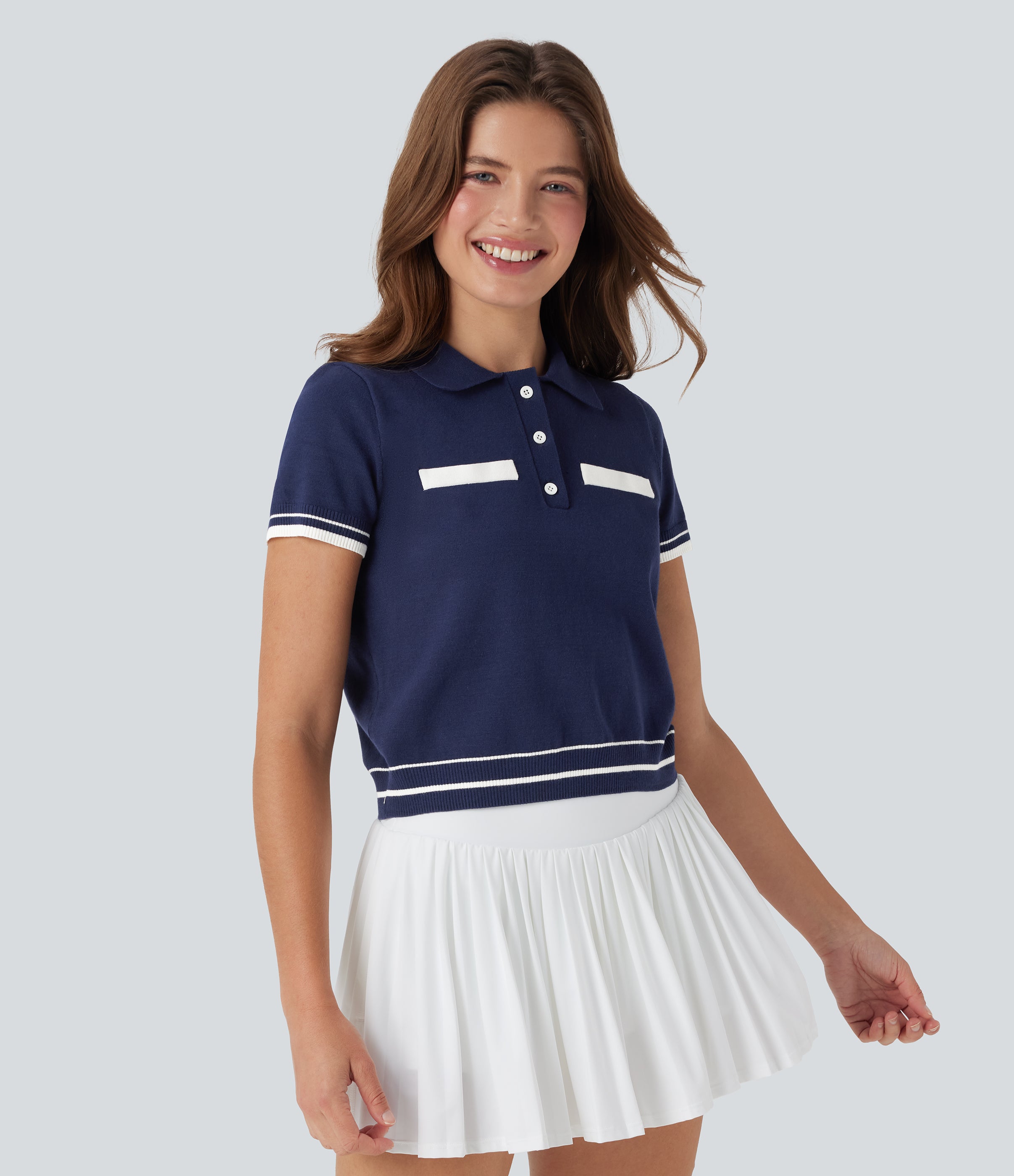 Polo Button Front Short Sleeve Casual Sweater Knit Top