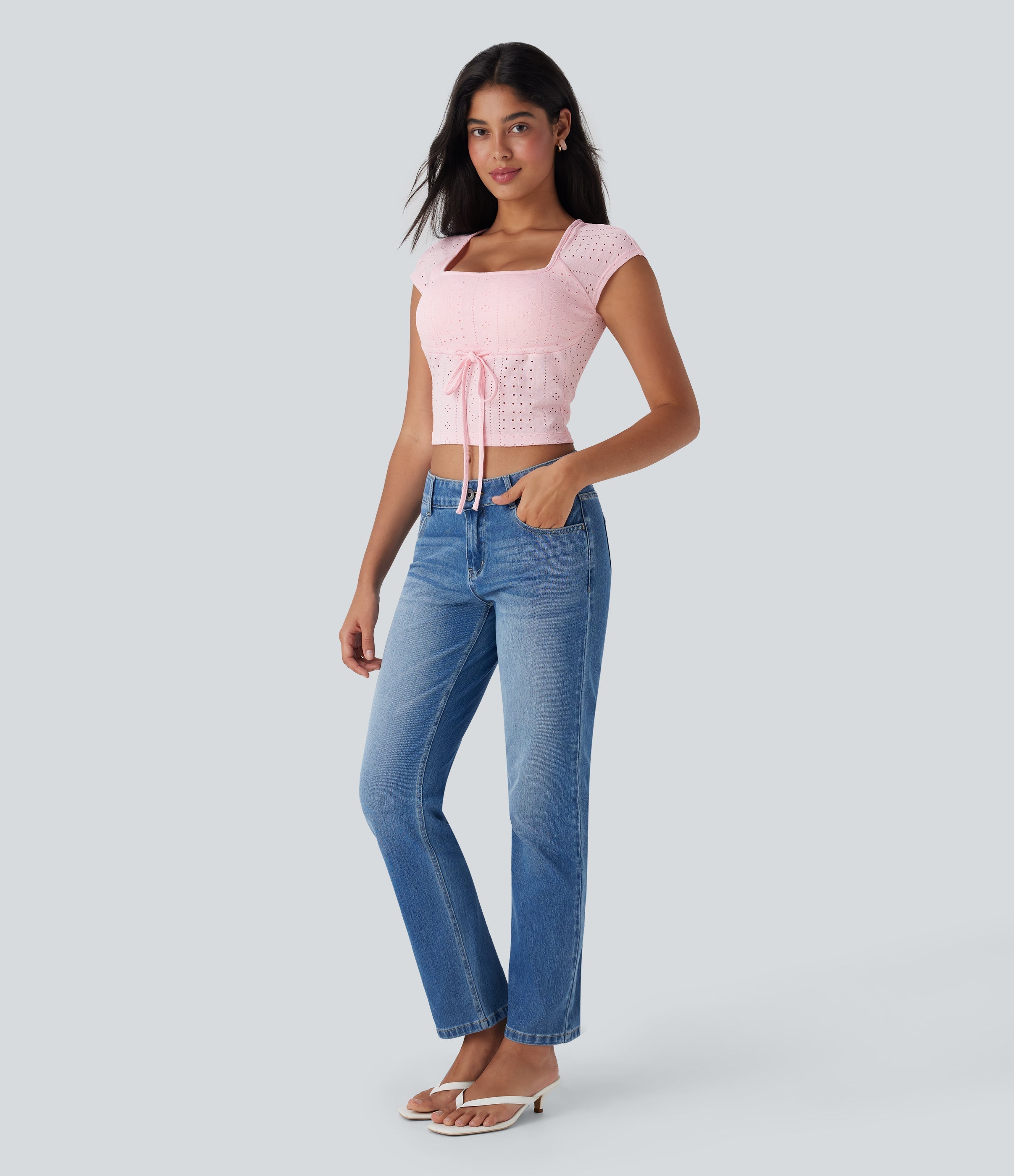 Square Neck Drawstring Eyelet Embroidery Skinny Cropped Casual Top