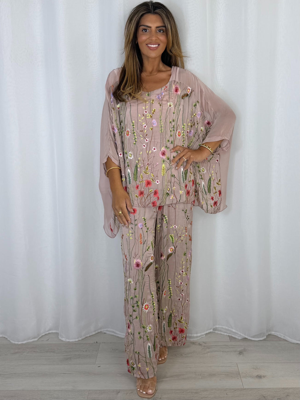 Flower Embroidered Silk Top And Trouser Co-Ord (2 Colours)
