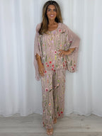 Flower Embroidered Silk Top And Trouser Co-Ord (2 Colours)