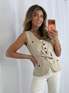Beige Military Tie Up Waistcoat