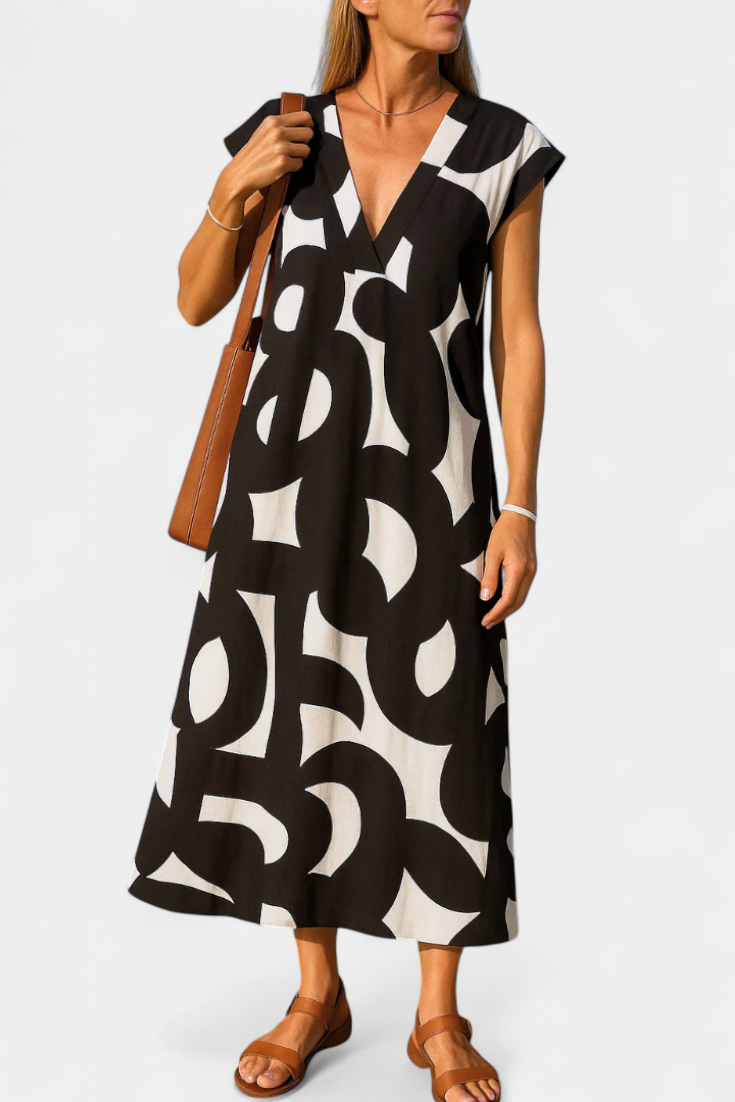 Asela Casual Dress with V-Neck and Mixi Pattern