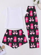 3-Piece Casual Sleepwear Set Pajamas Loungewear for Women Lady with Bow Print