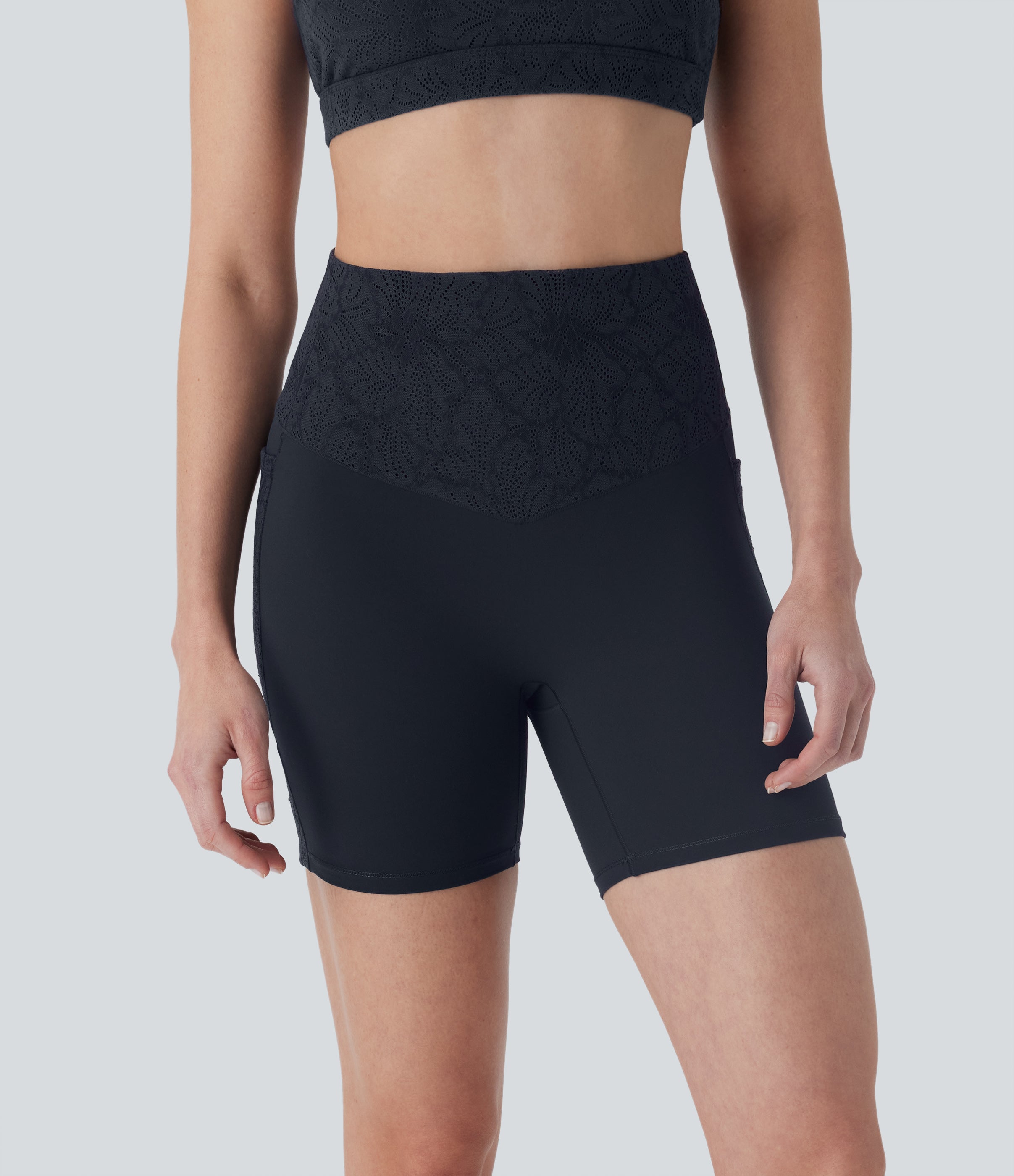 UltraSculptTM SoCinched High Waisted Tummy Control Contrast Lace Training Biker Shorts 5'' with Pockets