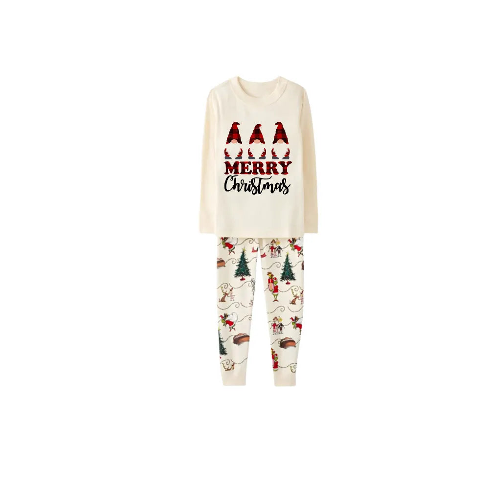 Beige Christmas Pattern Print Christmas Pajamas Set With Gnome Print