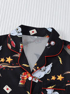 Women's Owl Print Short Sleeve Top & Elastic Waist Shorts Pyjama