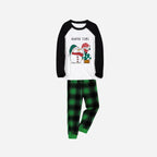 Black Raglan Top Green Plaid Christmas Pajamas Set With Snowman and Gnome and "Happy Time" Text Print
