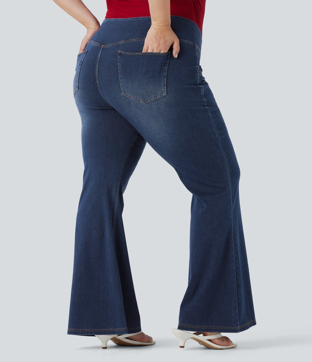 Plus Size FlexTM High Waisted Crossover Washed Casual Flare Jeans with Pockets