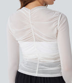 Sheer Mesh Crossover V Neck Ruched Casual Top