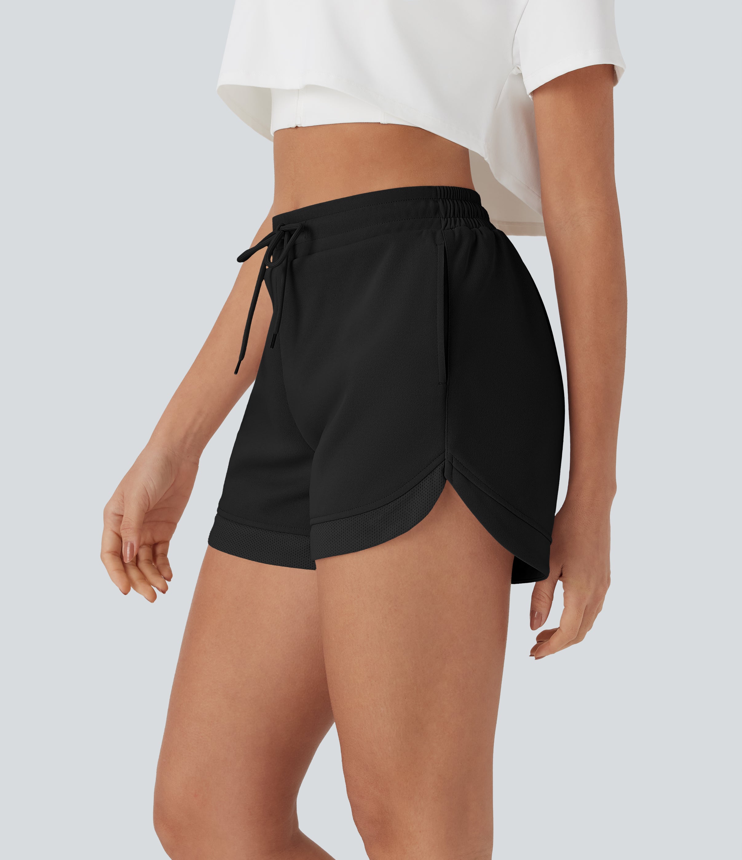 High Waisted Drawstring Contrast Mesh Curved Hem Yoga Shorts with Pockets