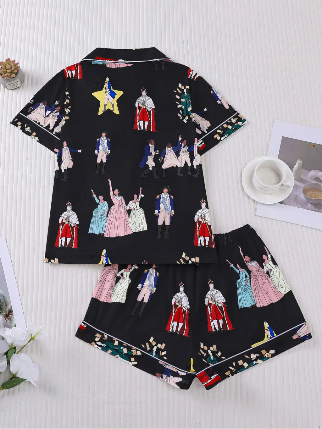 Hamilton Musical Themed Women's Pajama Set, Short Sleeve Shirt Collar Button Soft Top & Elastic Shorts, Casual Home Wear