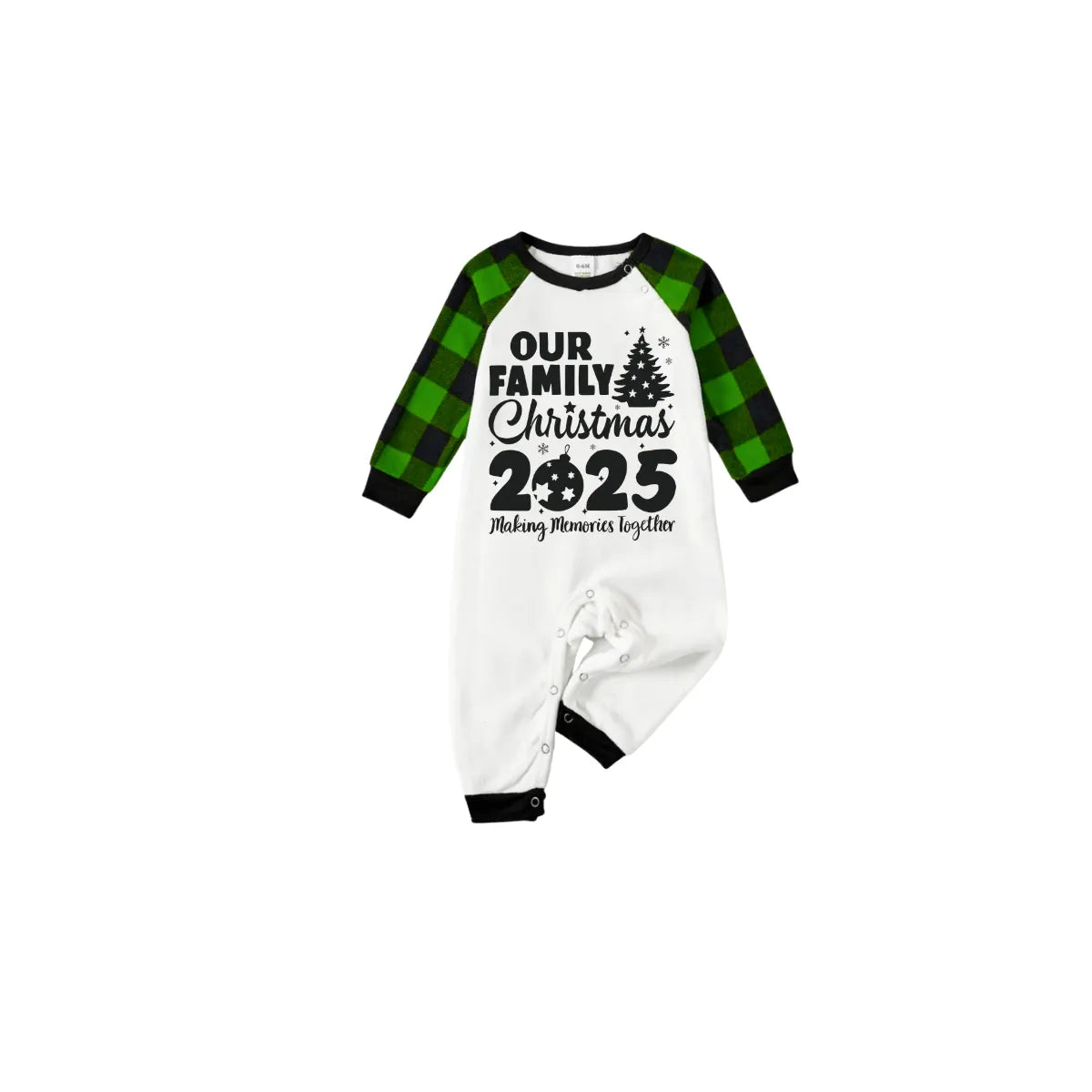 Our Family Christmas 2025 Family Pajamas Set - White Top, Green Plaid Pants, Green Sleeves, Christmas Tree and Ornaments Print
