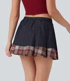 Mid Rise Pleated A-Line 2-in-1 Denim Like Plaid Mini Casual Skirt with Pocket