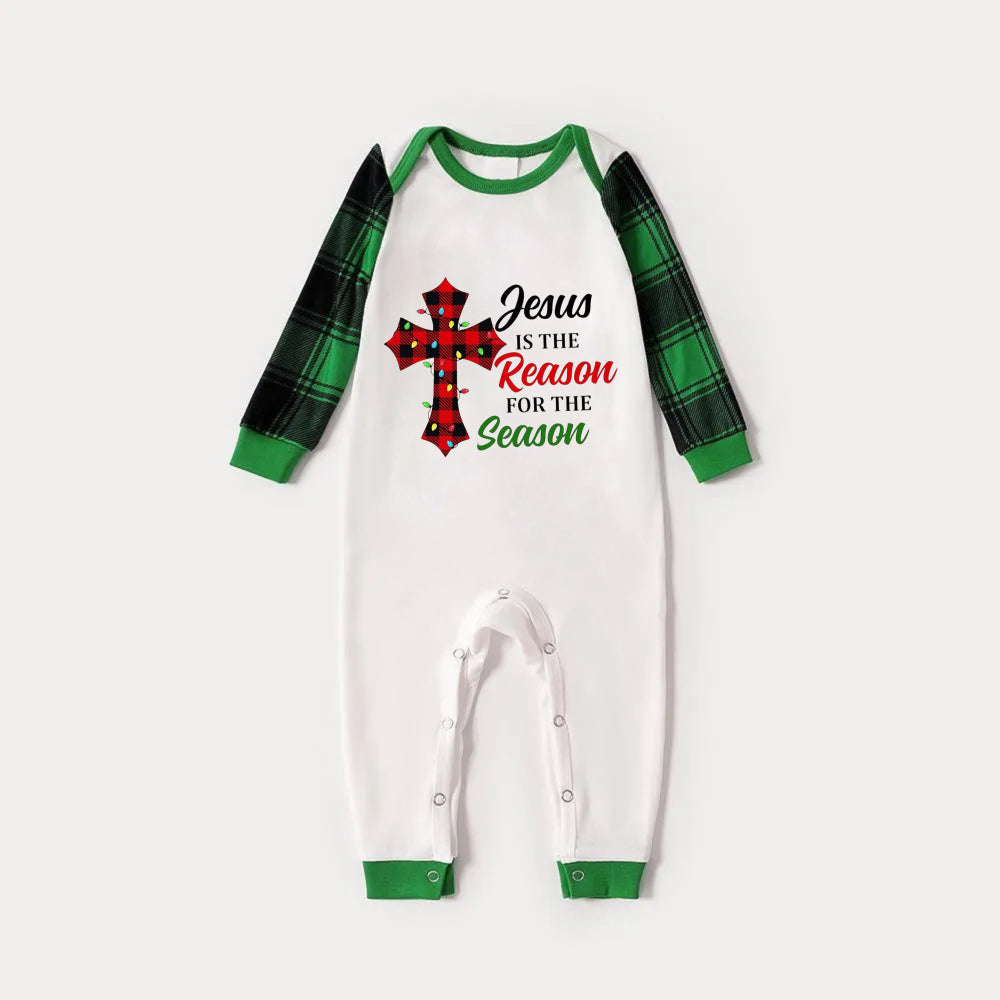 Green Raglan Top Green Plaid Christmas Pajamas Set With "Jesus Is The Reason For The Season" Slogan Print