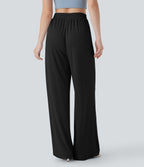 Ribbed Knit High Waisted Drawstring Straight Leg Casual Pants with Pockets