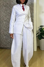 Women Collar Vertical Stripe Jacket+ Wide Leg Pants Temperament Commuting Formal Suit